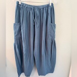Women’s Boho Palazzo Beach Harem Baggy Linen Wide Leg Ankle Pants Ocean Blue